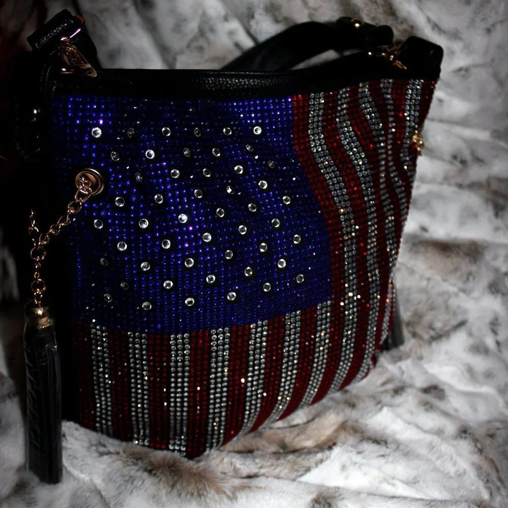 American Flag Red White Blue Rhinestone Bling Black Hobo Crossbody Shoulder Bag